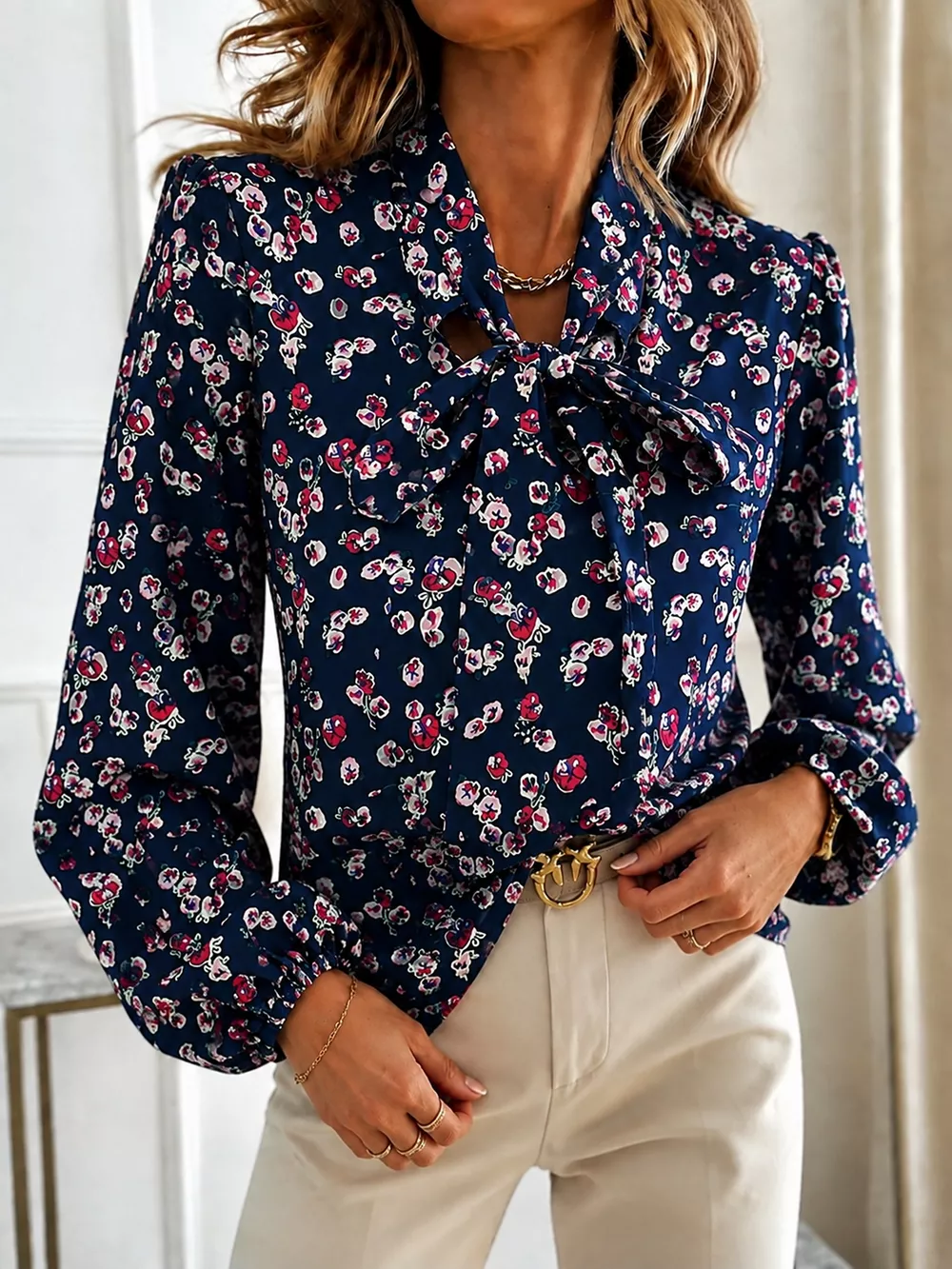 Printed Bow-Tie Neck Long Sleeve Blouse, image 14