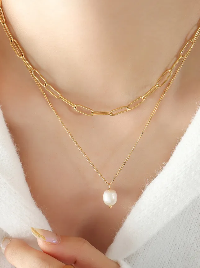 Freshwater Pearl Titanium Steel Double-Layered Necklace, image 6