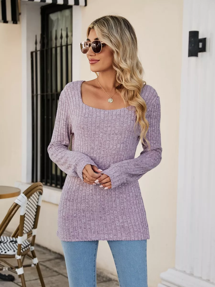 Ribbed Square Neck Long Sleeve T-Shirt, image 3