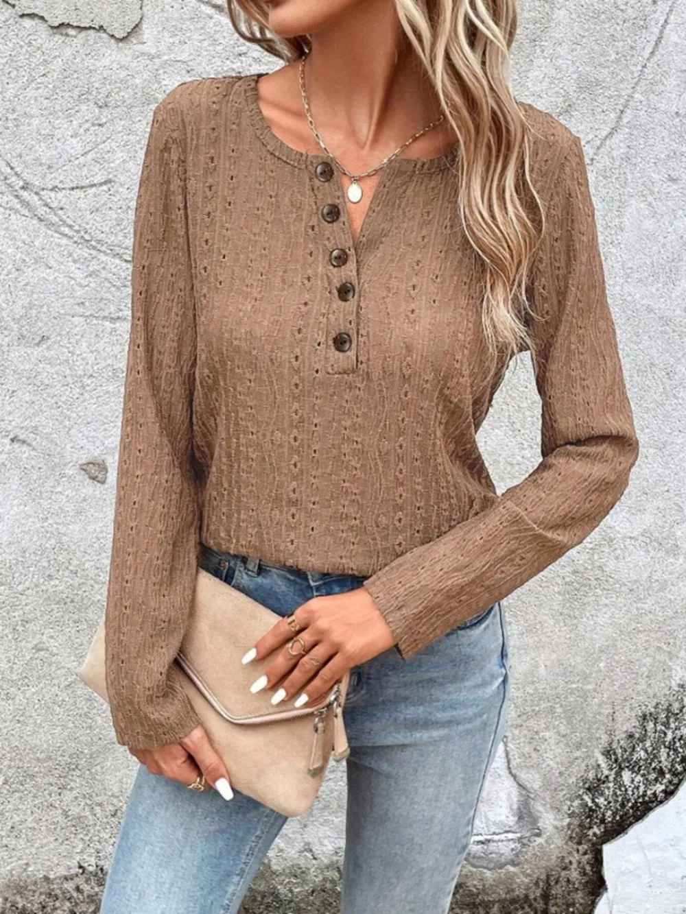 Openwork Half Button Long Sleeve Blouse, image 16