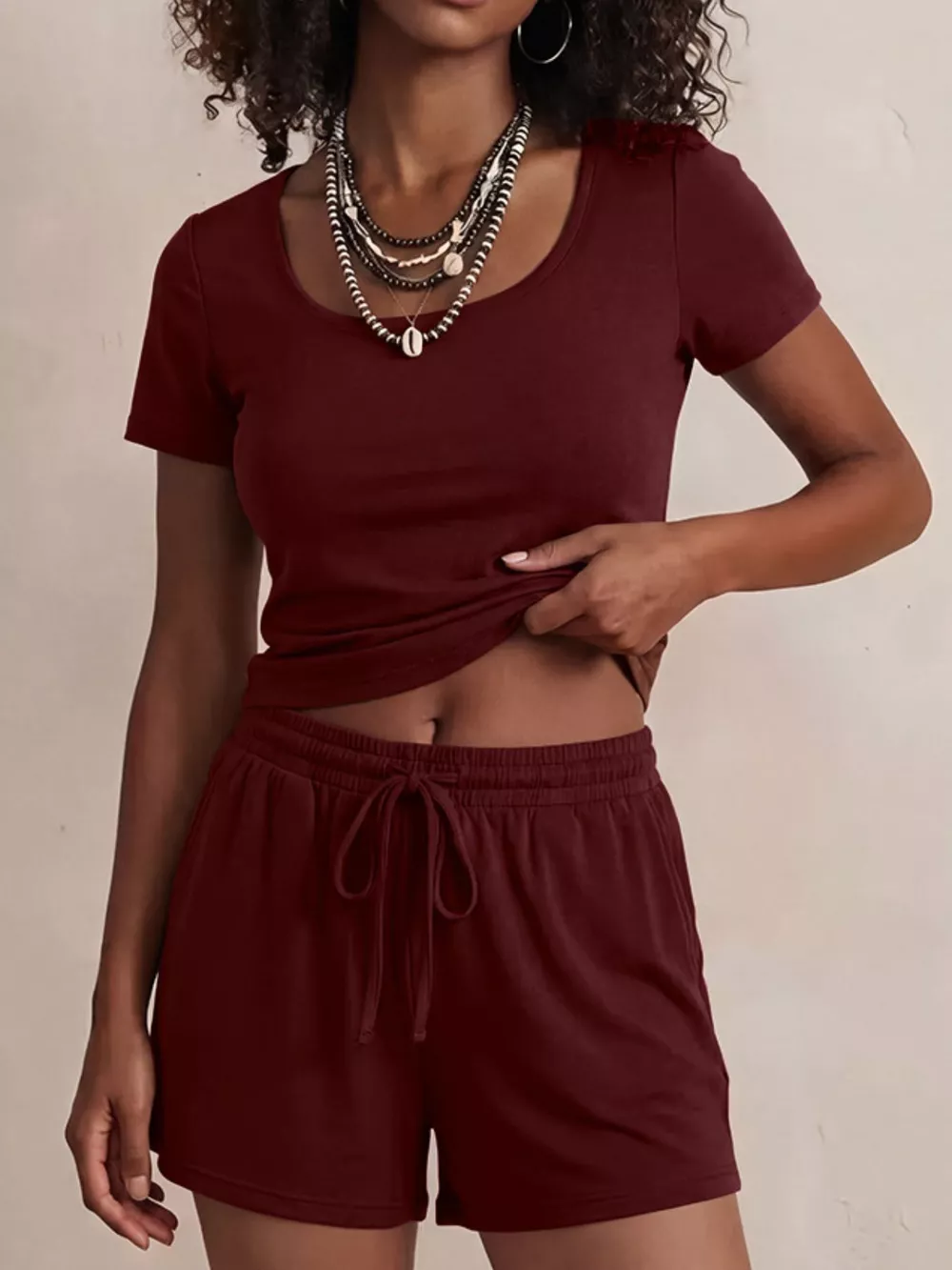 Solid Color Short Sleeve Tee and Shorts Set, image 2