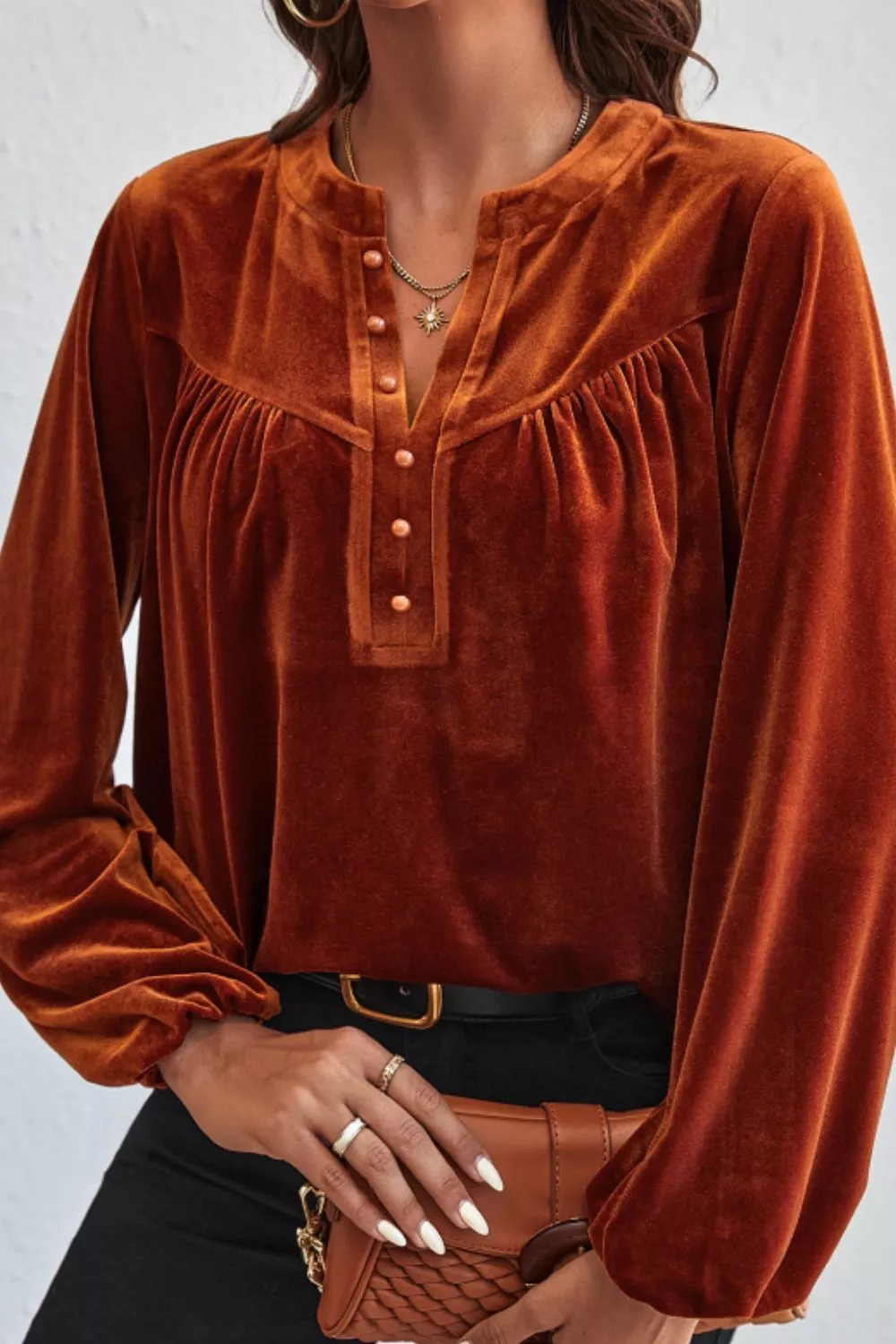 Notched Long Sleeve Velvet Top, image 7