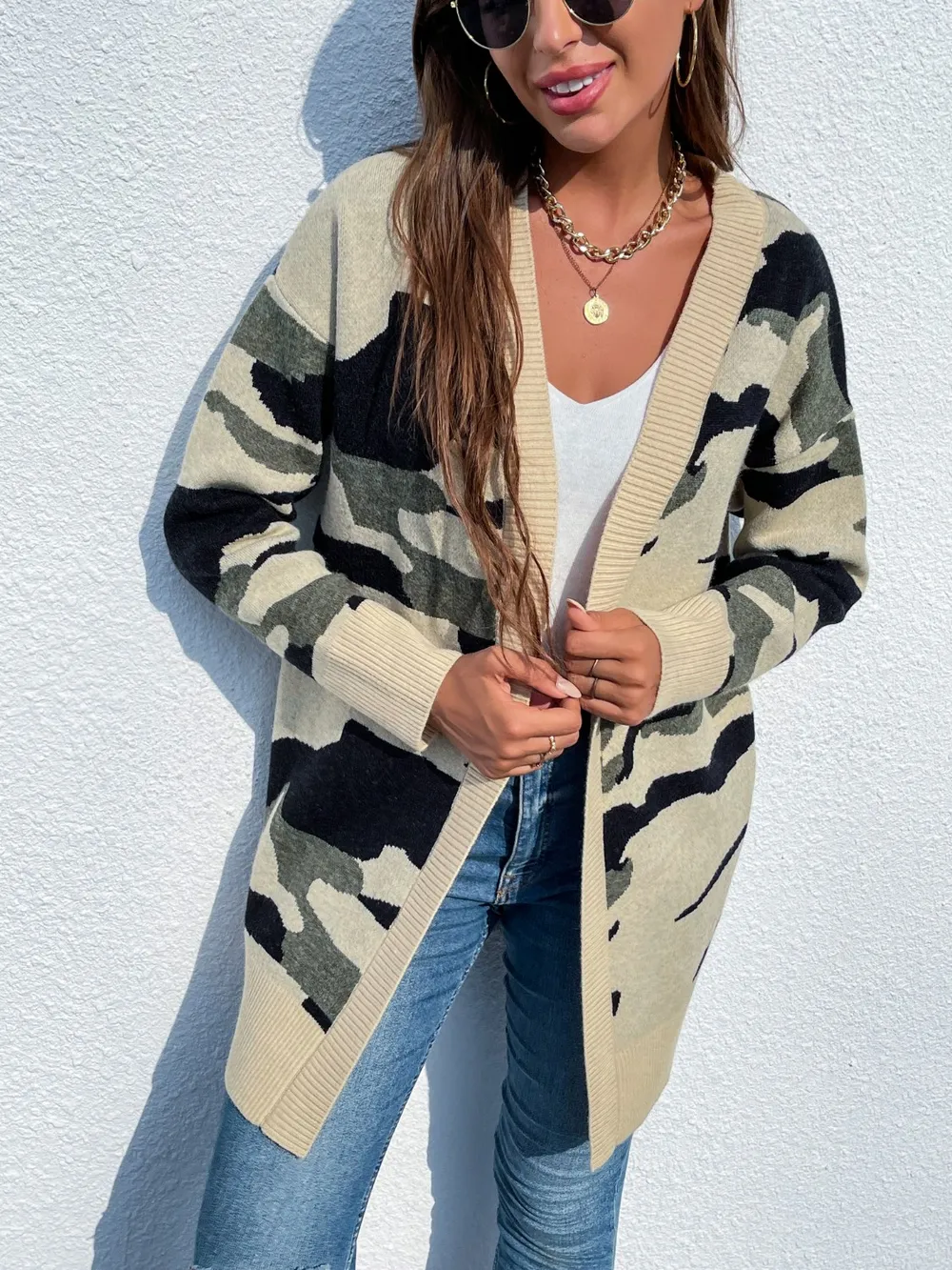 Camouflaged Dropped Shoulder Open Front Cardigan, image 4