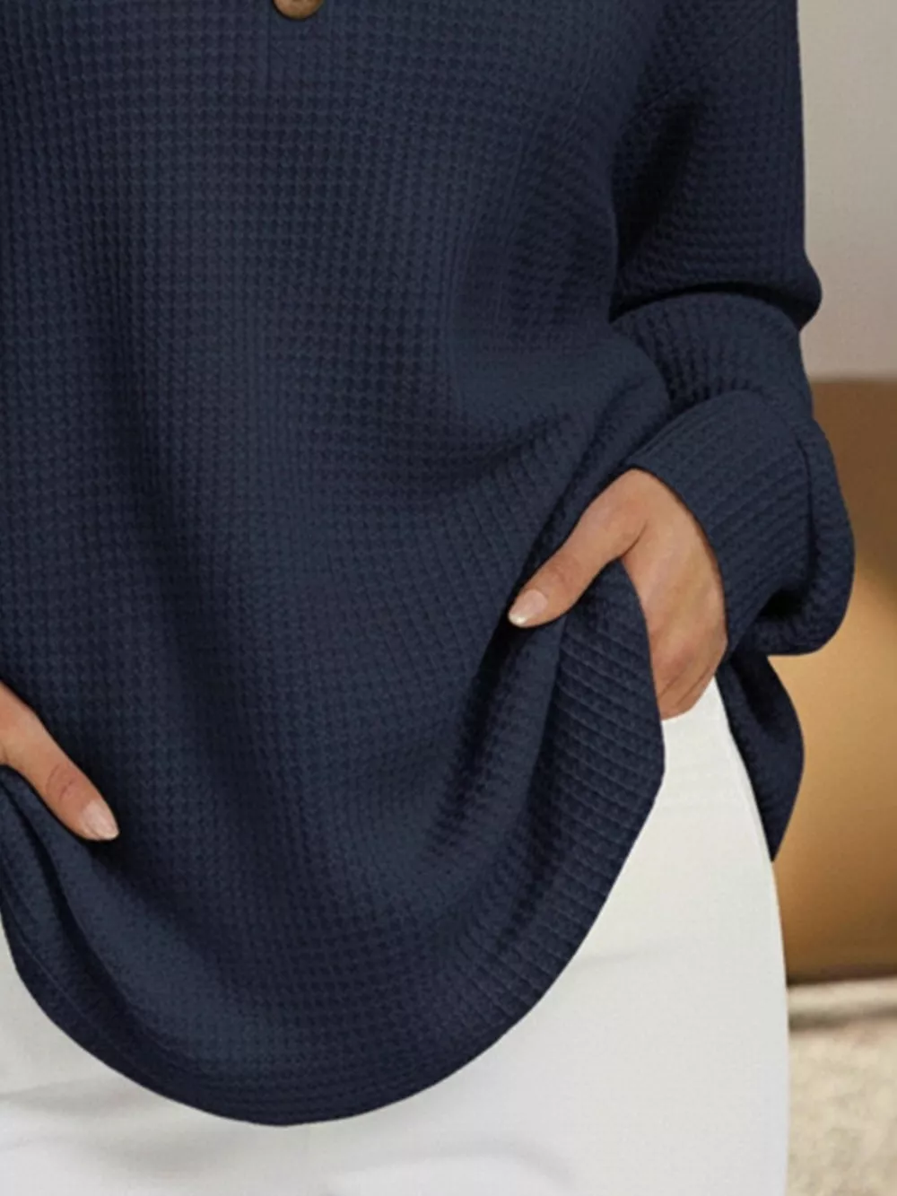 Full Size Casual Waffle Knit V-Neck Long Sleeve T-Shirt Plus Size, image 12