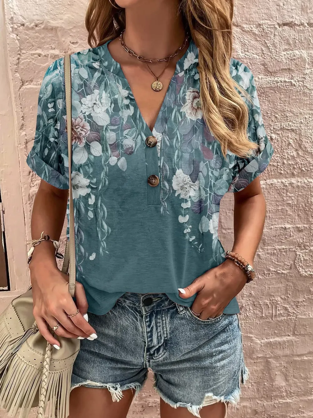 Full Size Printed Notched Short Sleeve Blouse, image 28