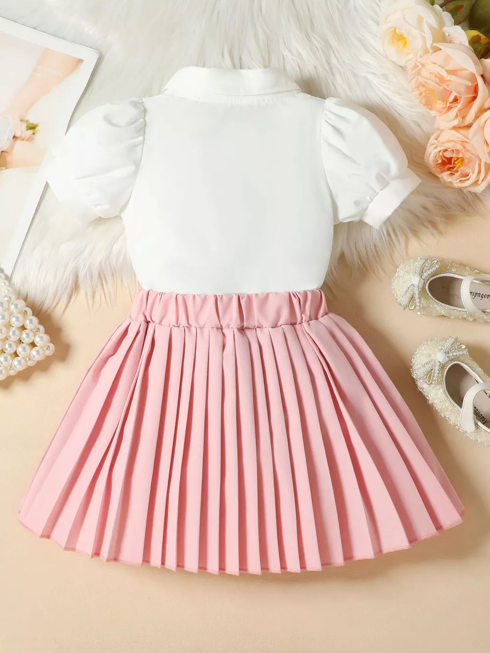 Children's Bow-Embellished Top & Pleated Skirt Set, image 5