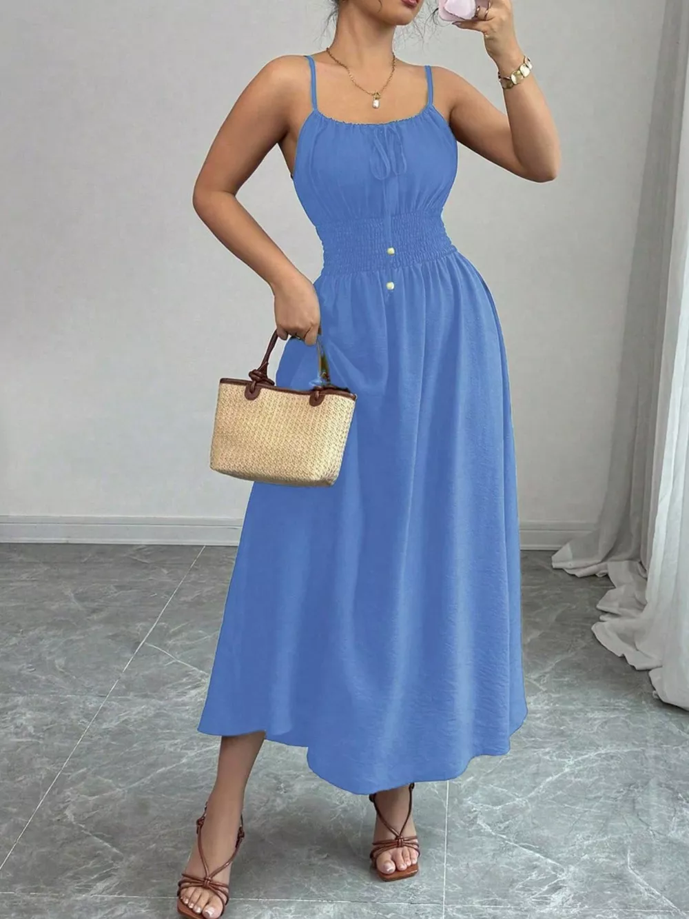 Smocked Spaghetti Strap Midi Dress, image 4