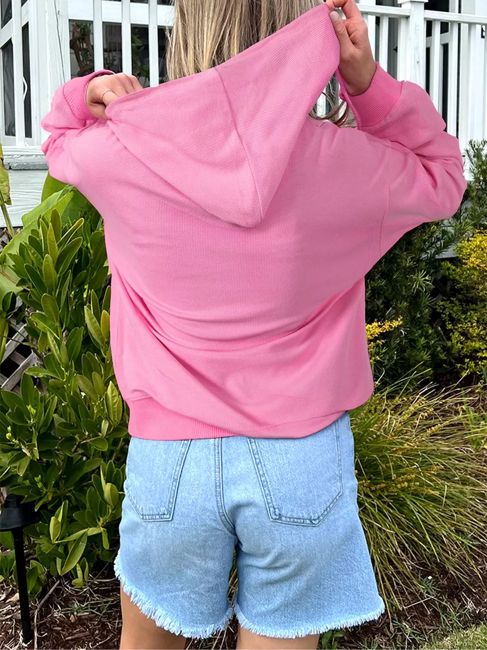 Solid Color Ribbed Zip Up Drawstring Hooded Jacket, image 2