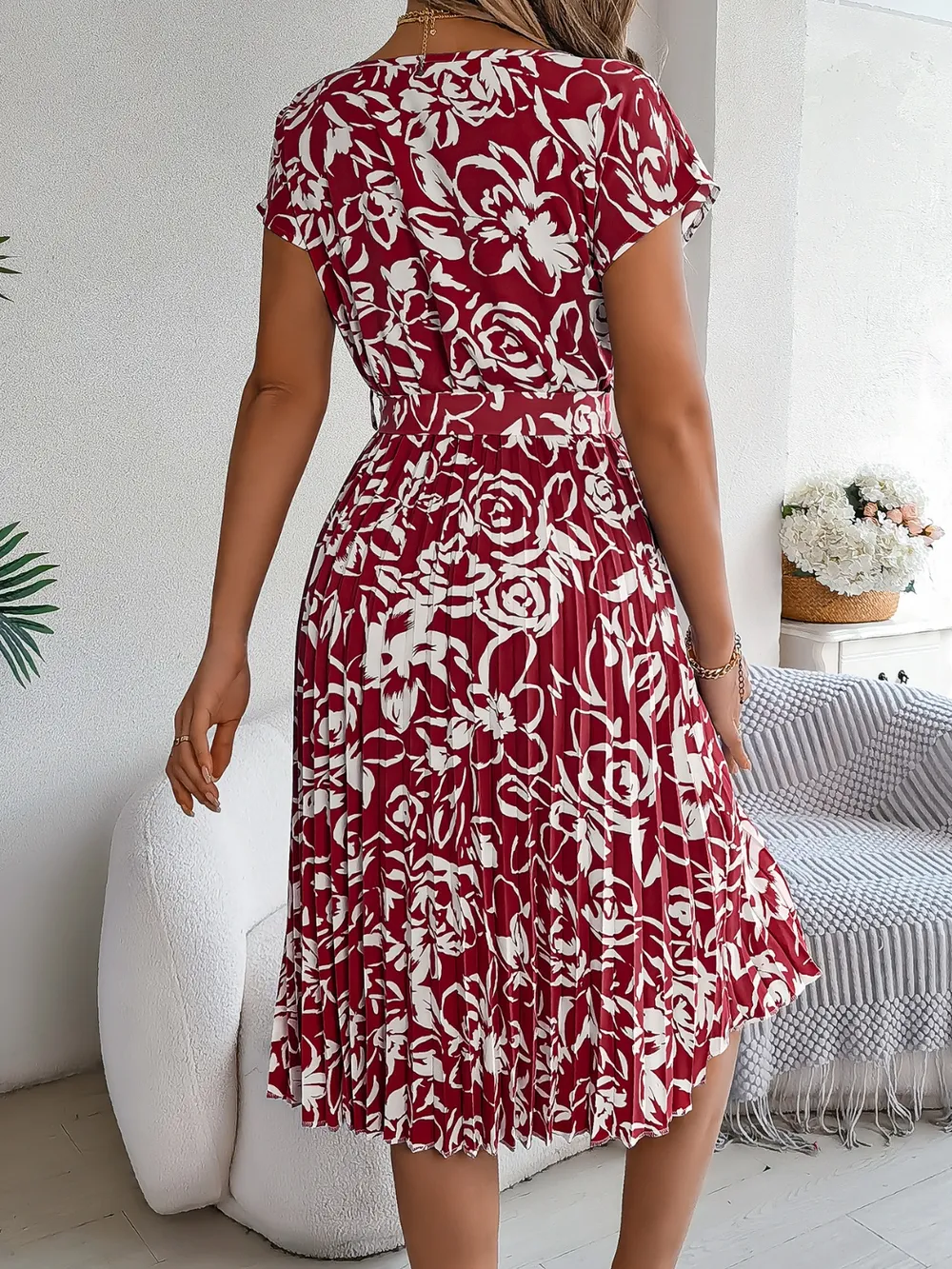 Tied Pleated Printed Short Sleeve Dress, image 9