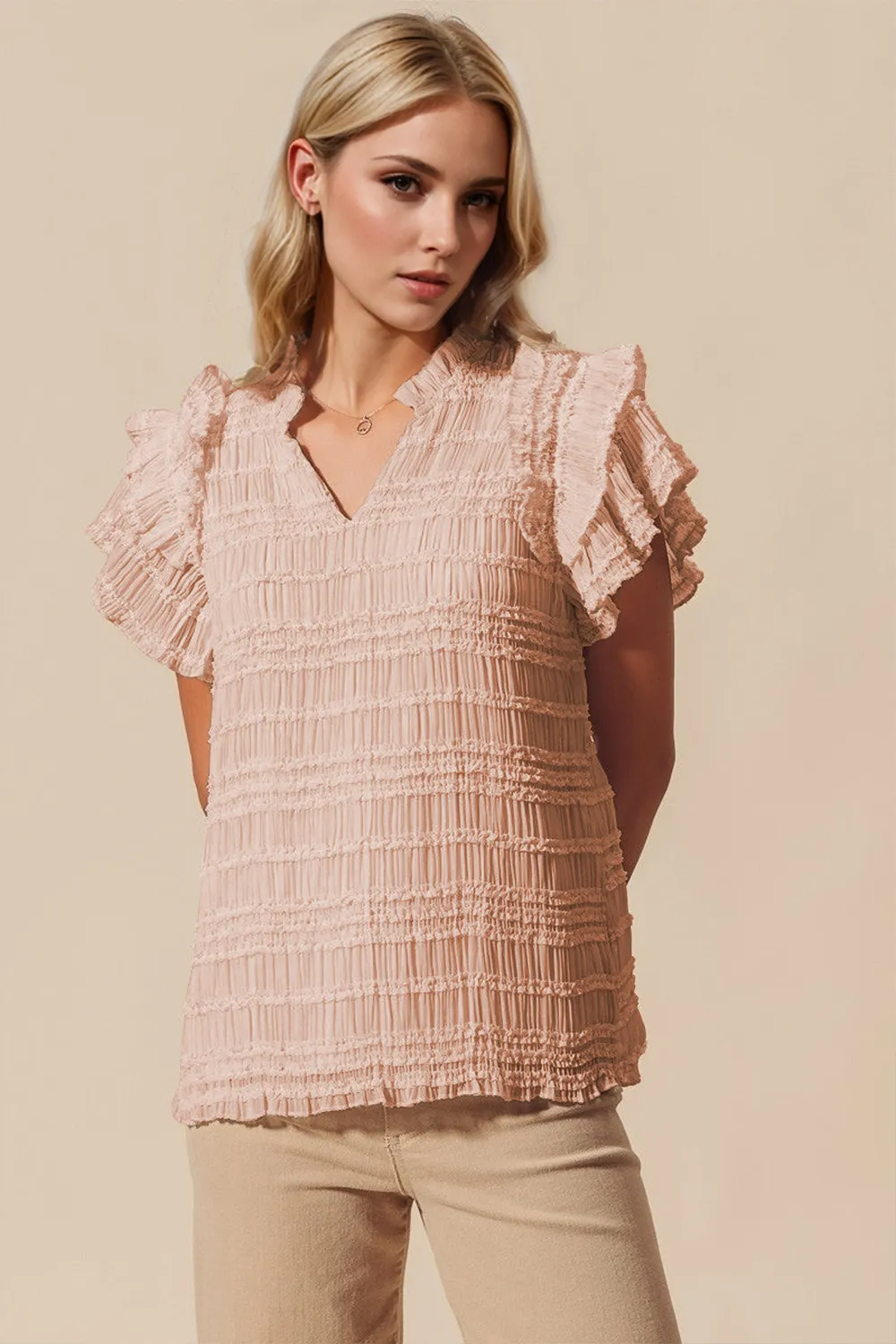 Full Size Frill Notched Flounce Sleeve Blouse