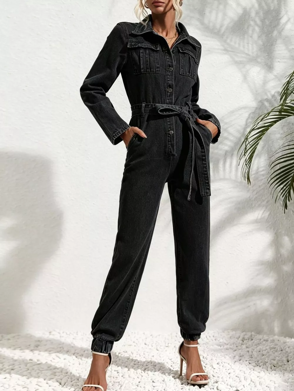 Long Sleeve Button-Up Denim Jumpsuit with Belted Waist and Elastic Cuffs, image 12