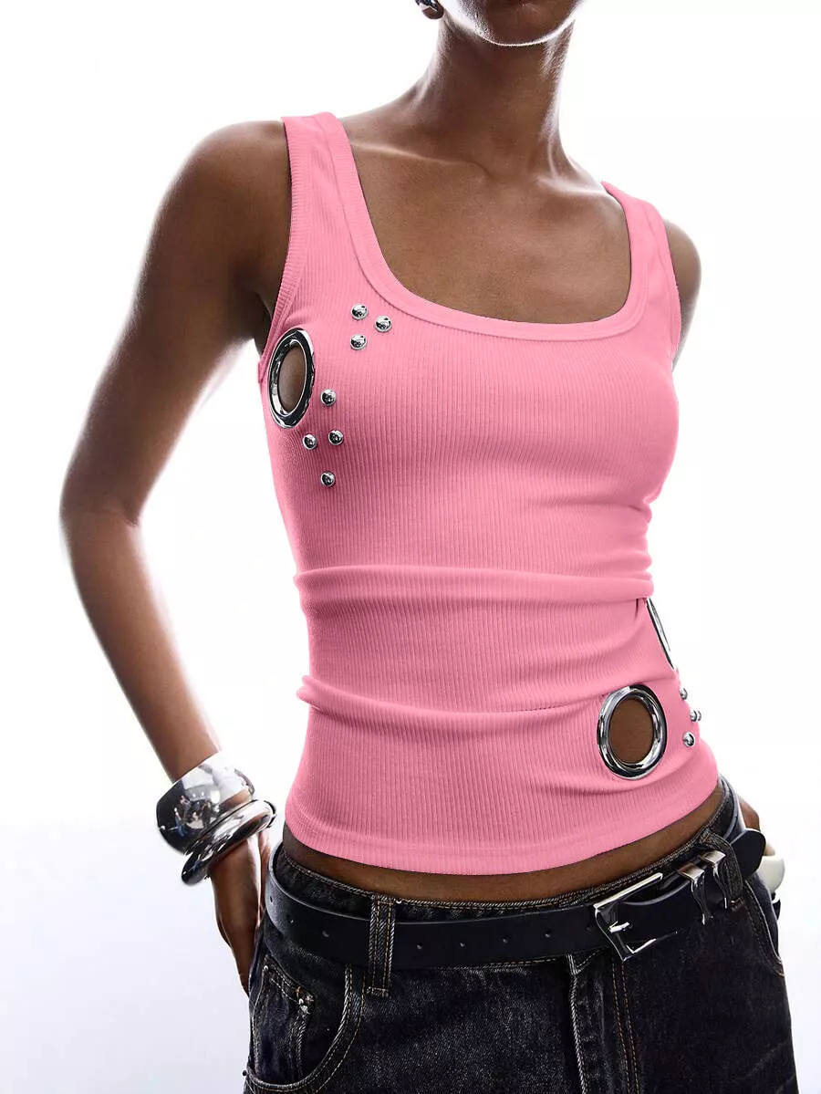 Ribbed Tank Top with Metal Grommet Cutouts and Stud Embellishments, image 16