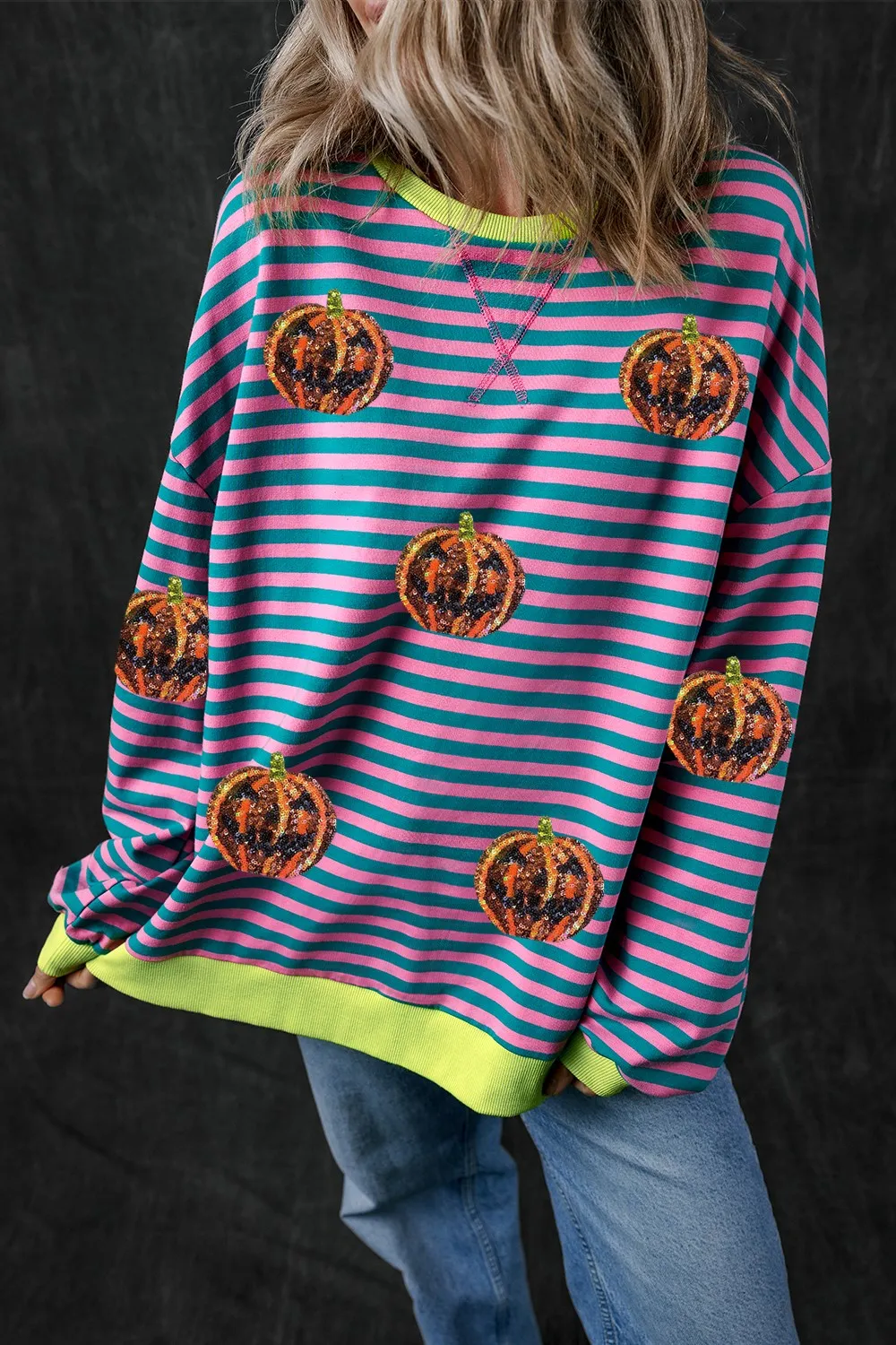 Pumpkin Striped Round Neck Long Sleeve Sweatshirt, image 11