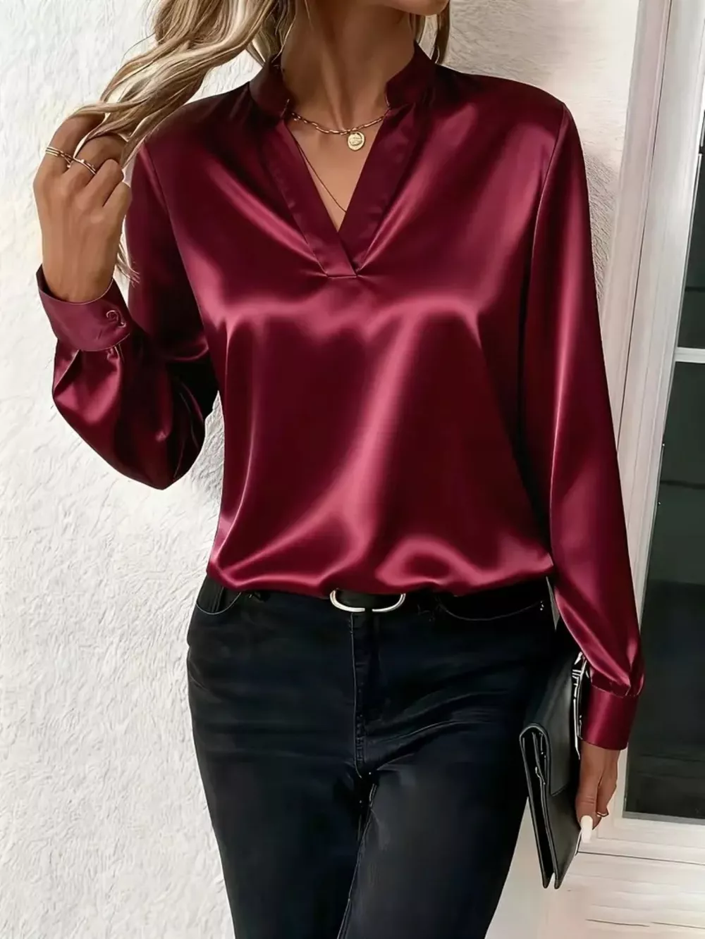 Satin Notched Long Sleeve Blouse, image 8