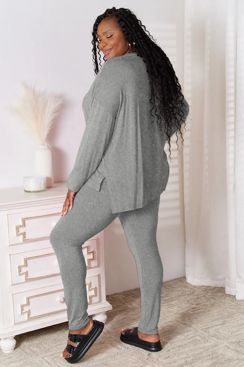Bamboo Full Size V-Neck Long Sleeve Top and Pants Lounge Set, image 8