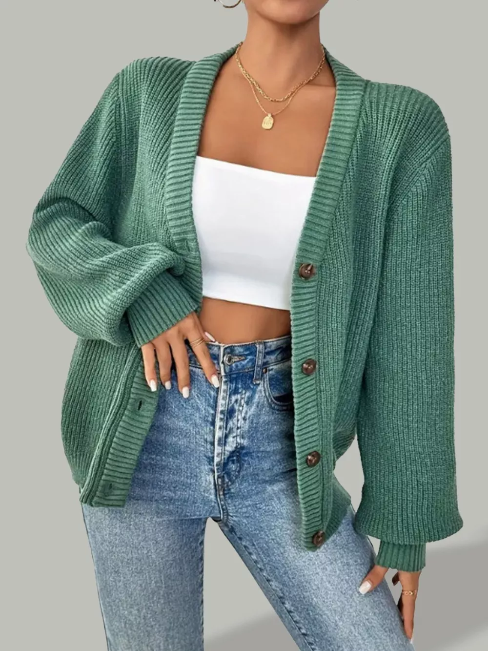 Button Front V-Neck Cardigan, image 2