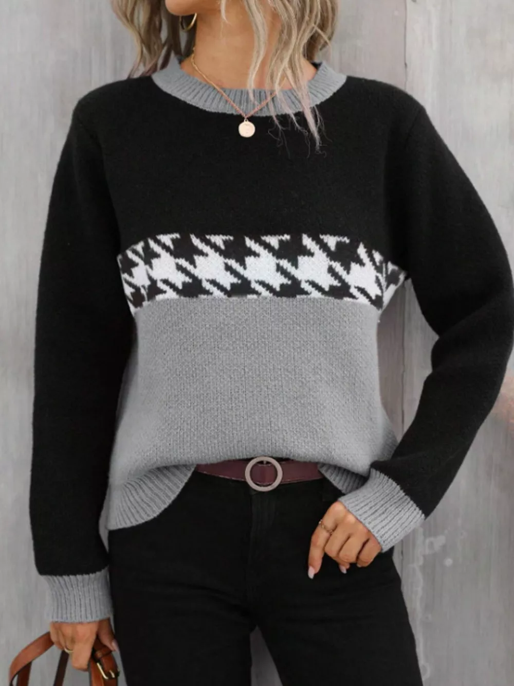 Houndstooth Pattern Color Block Sweater, image 8
