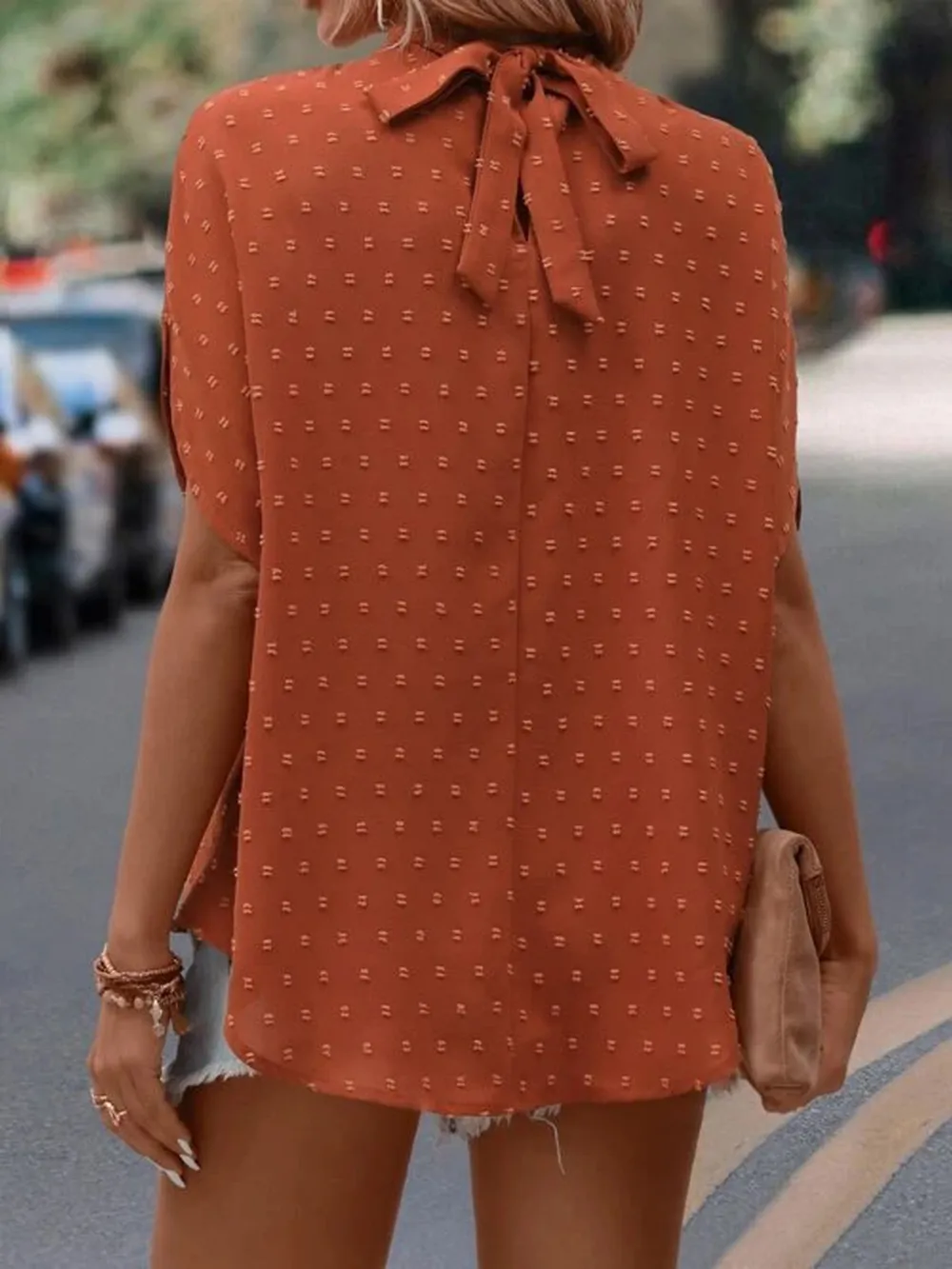 Swiss Dot Mock Neck Half Sleeve Blouse, image 20