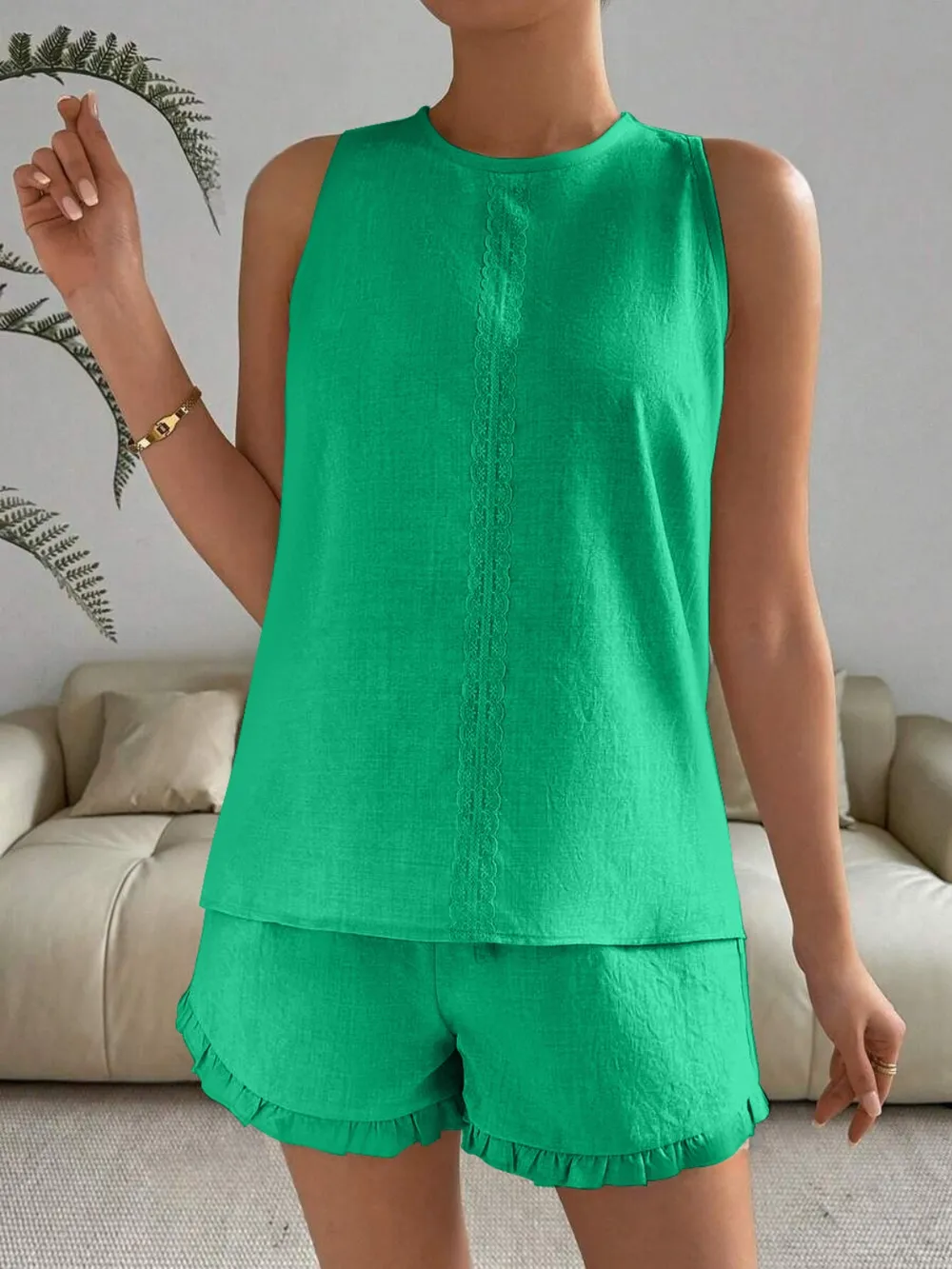 Lace Detail Round Neck Tank and Shorts Set, image 18
