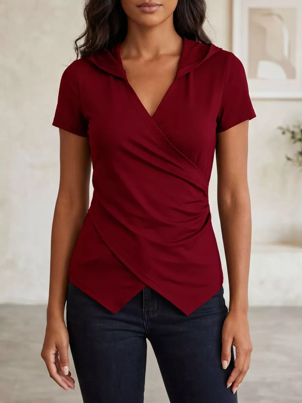 Hooded Wrap Front Slim Fit Top, image 6