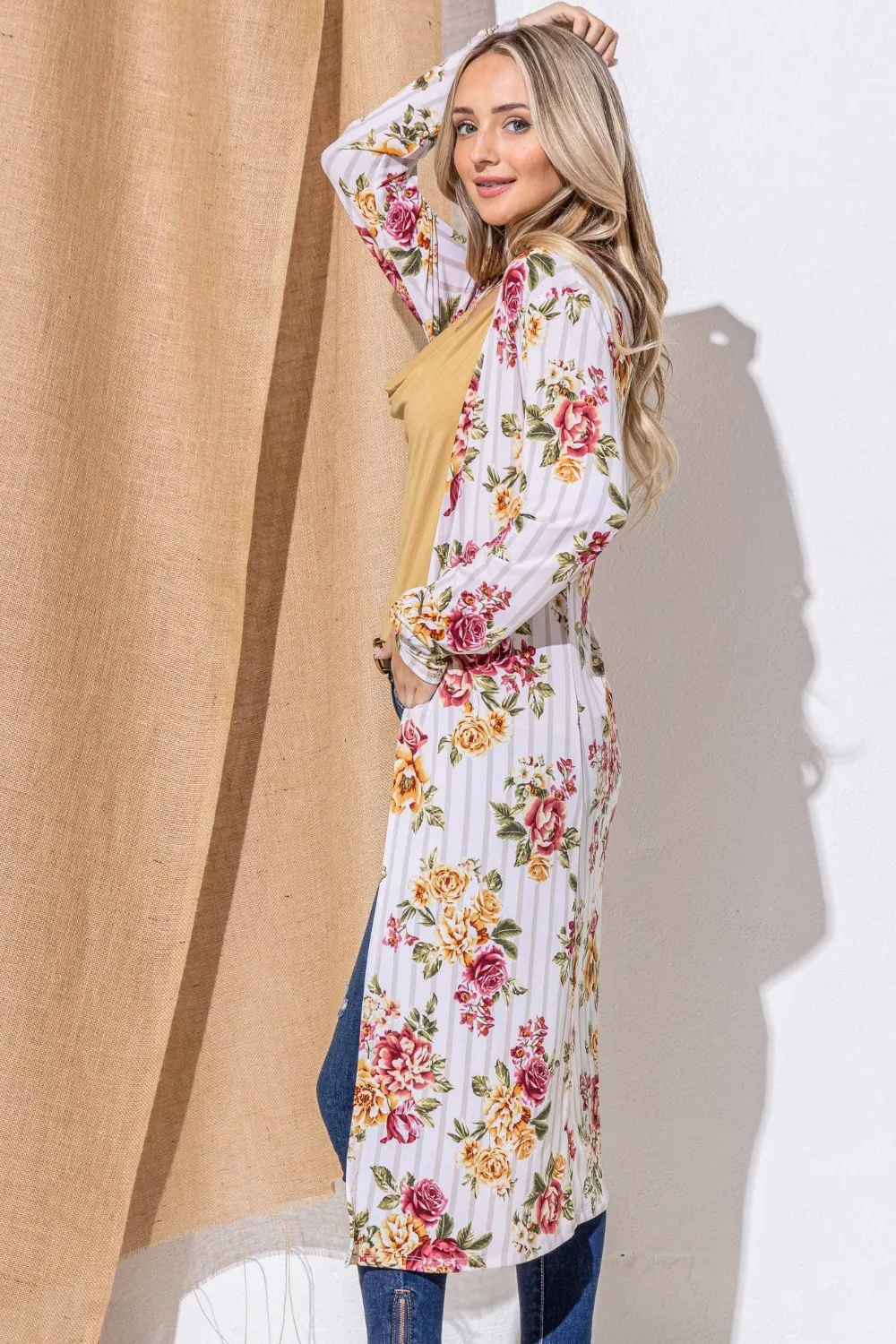 Floral Kimono Open Front Longline Cardigan, image 3