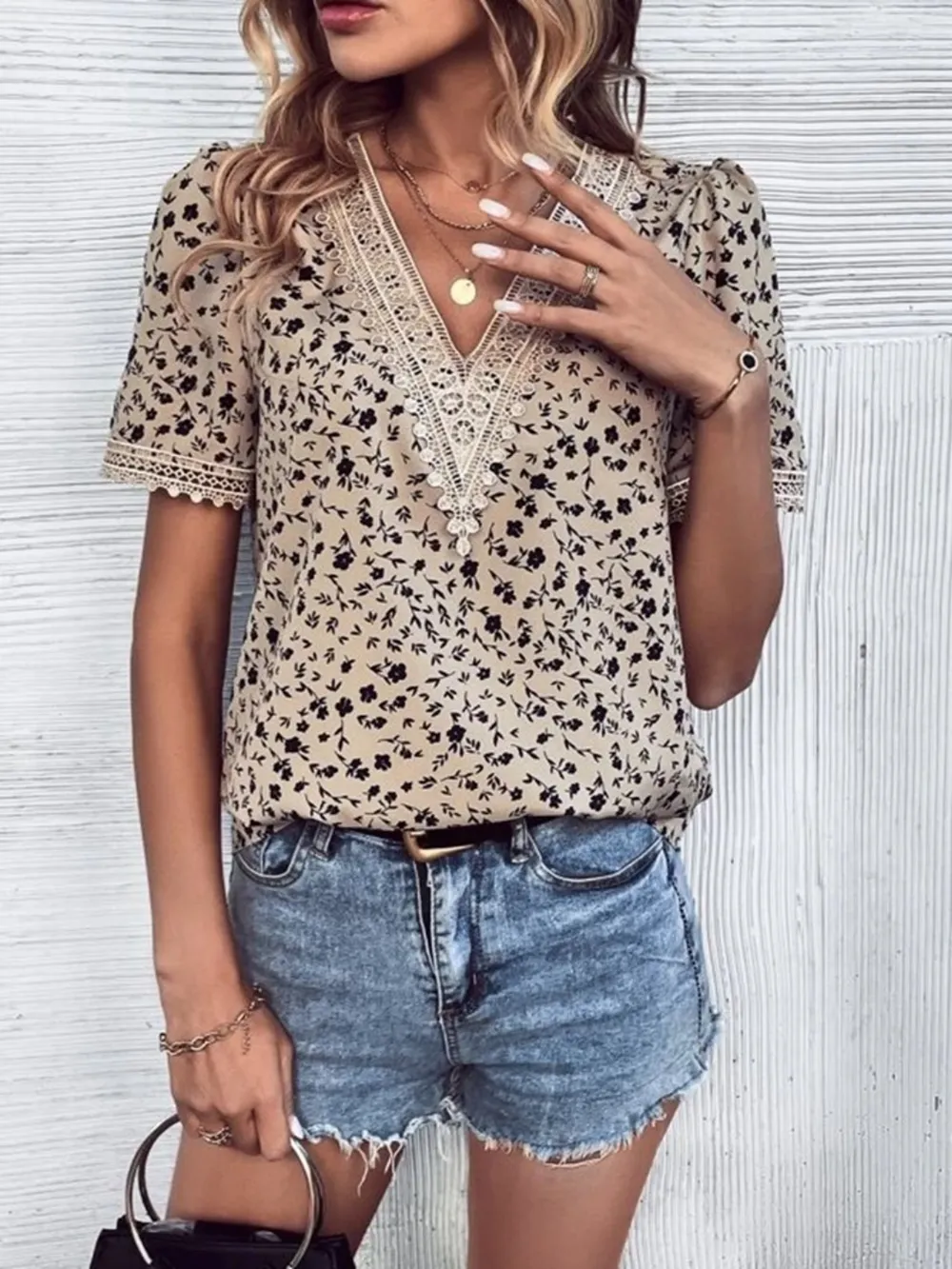 Full Size Printed V-Neck Short Sleeve Blouse, image 14
