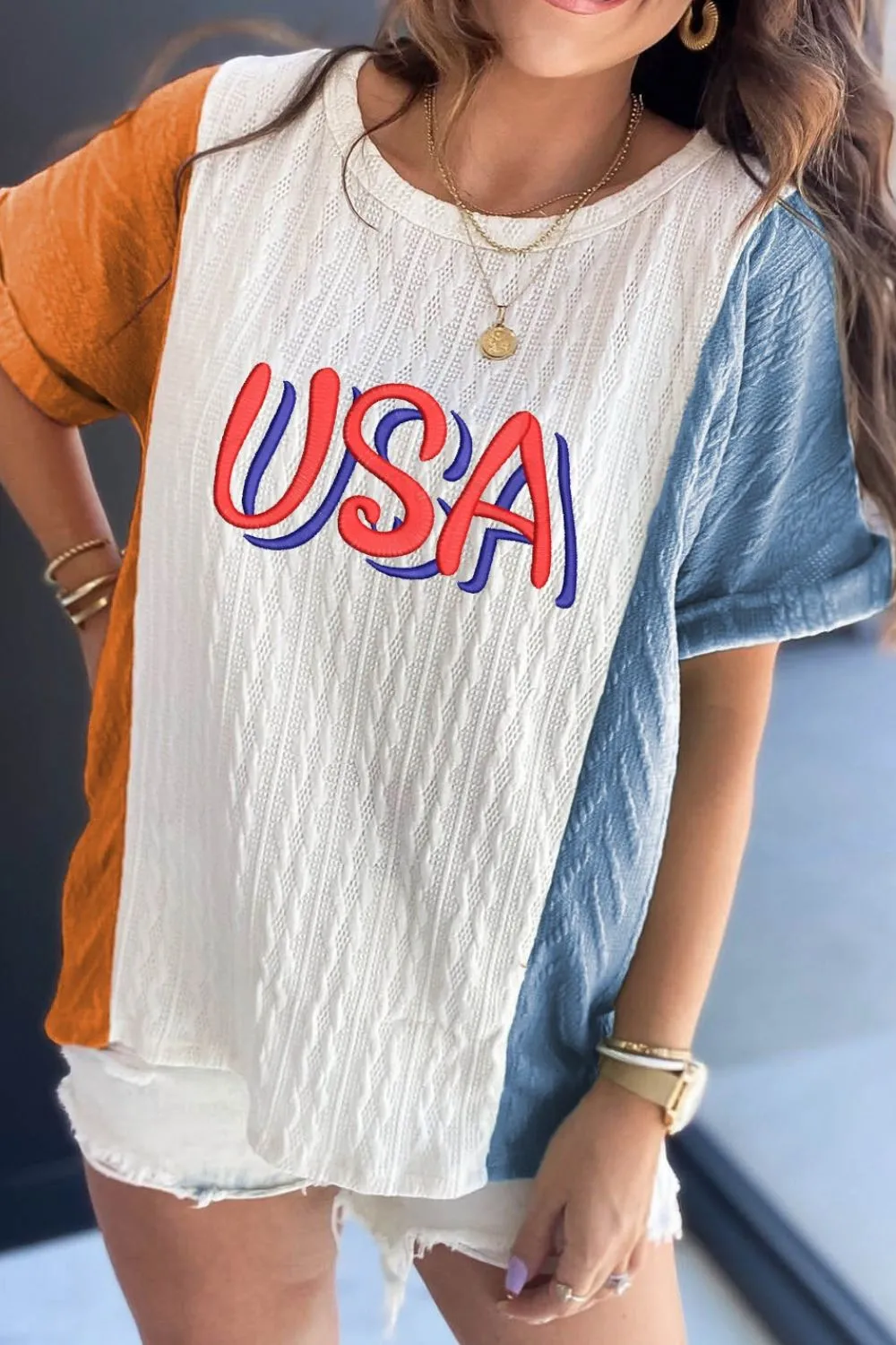 USA Embroidered Cable Textured Knit Cuffed Sleeve Color Block Tee, image 2