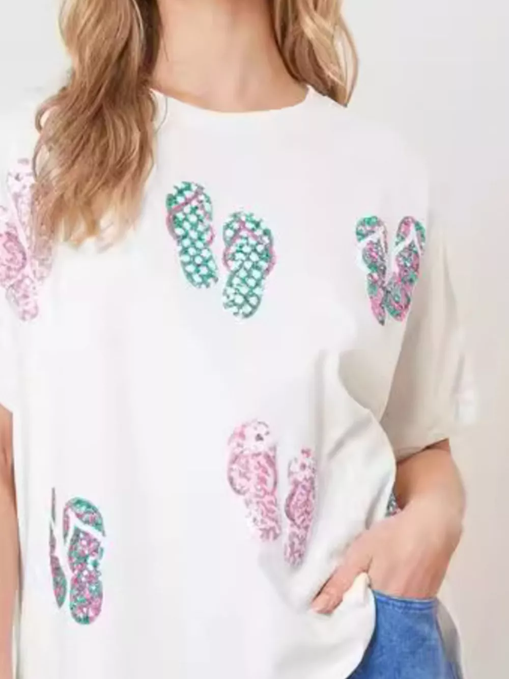 Flip-Flop Print Round Neck Casual T-Shirt, image 3