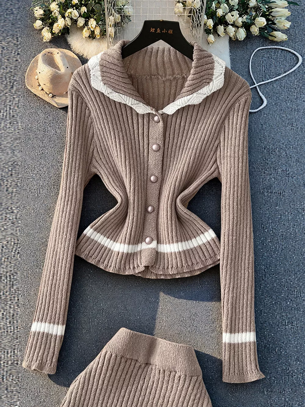 Ribbed Knit Cardigan and Skirt Sweater Set, image 2