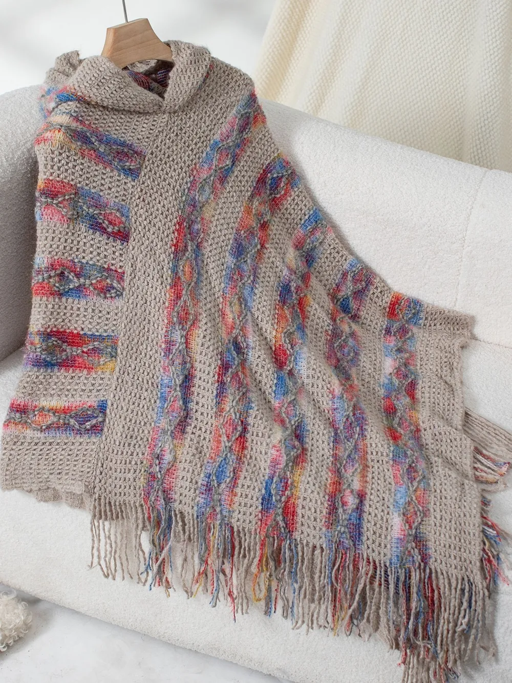 Fringe Contrast Hooded Poncho, image 18
