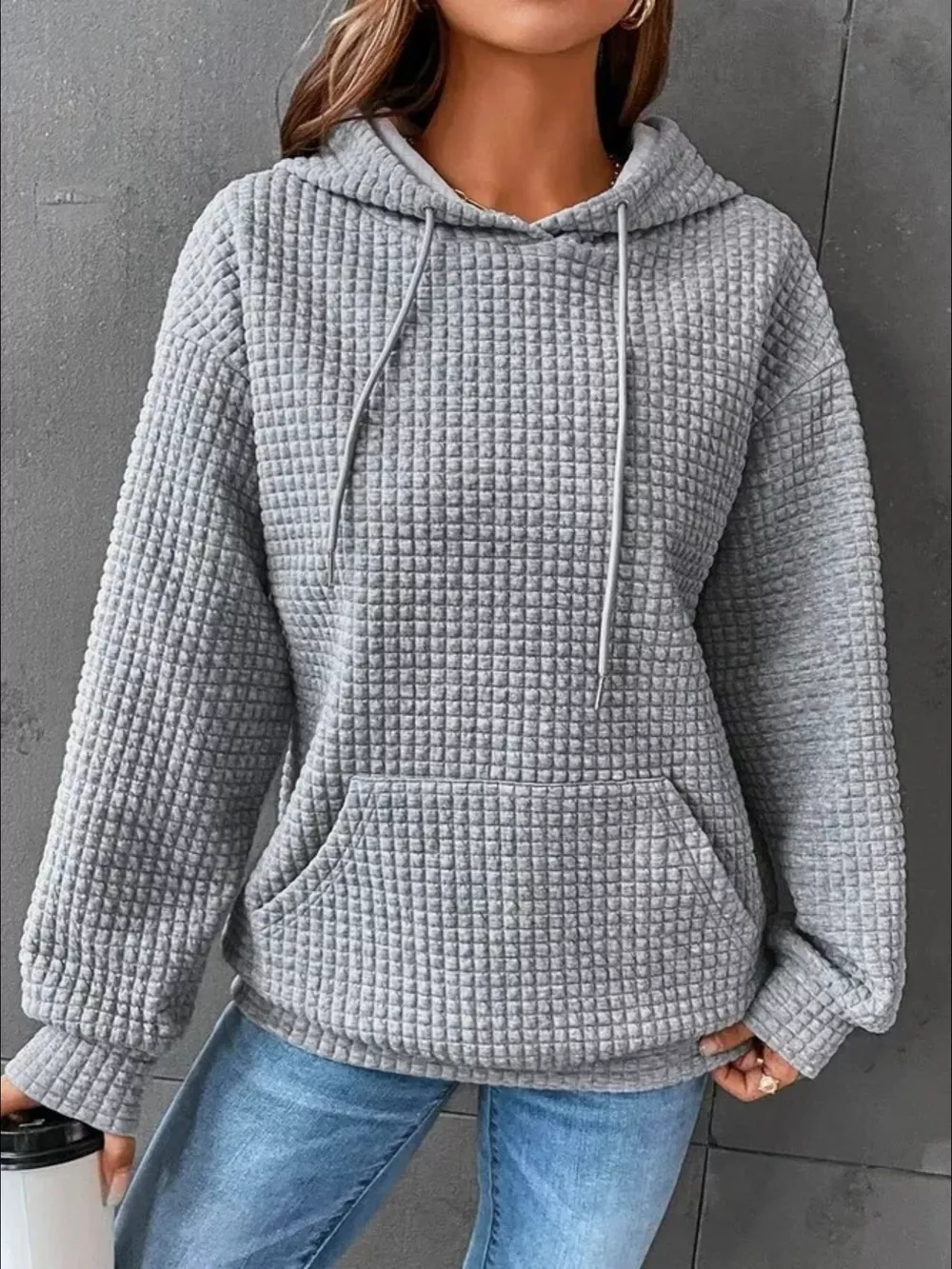 Waffle Knit Hoodie with Drawstring Details, image 5