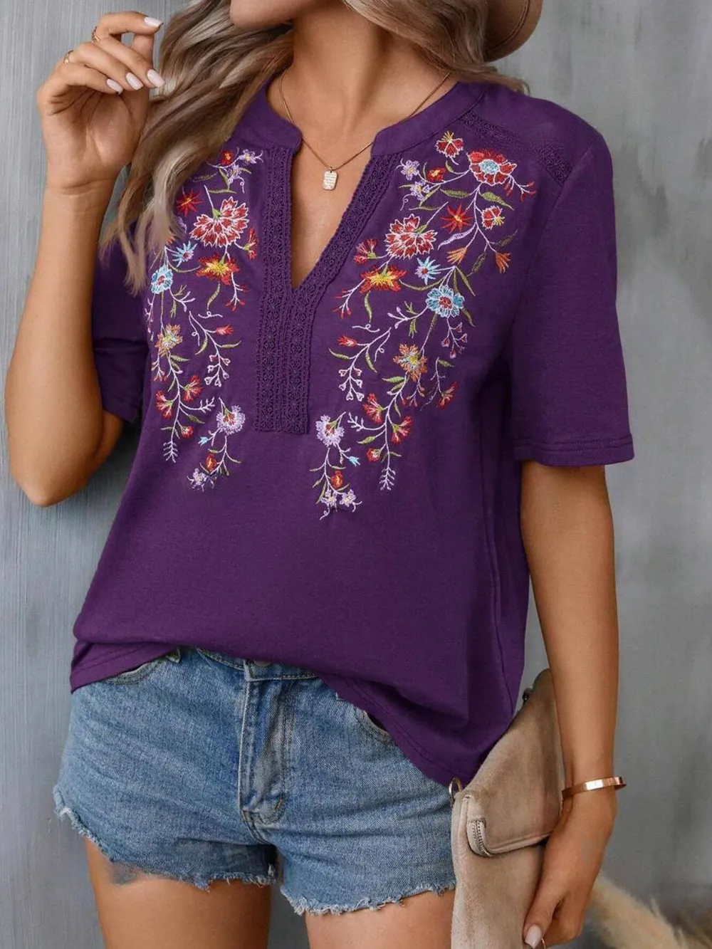 Embroidered Notched Short Sleeve T-Shirt, image 16