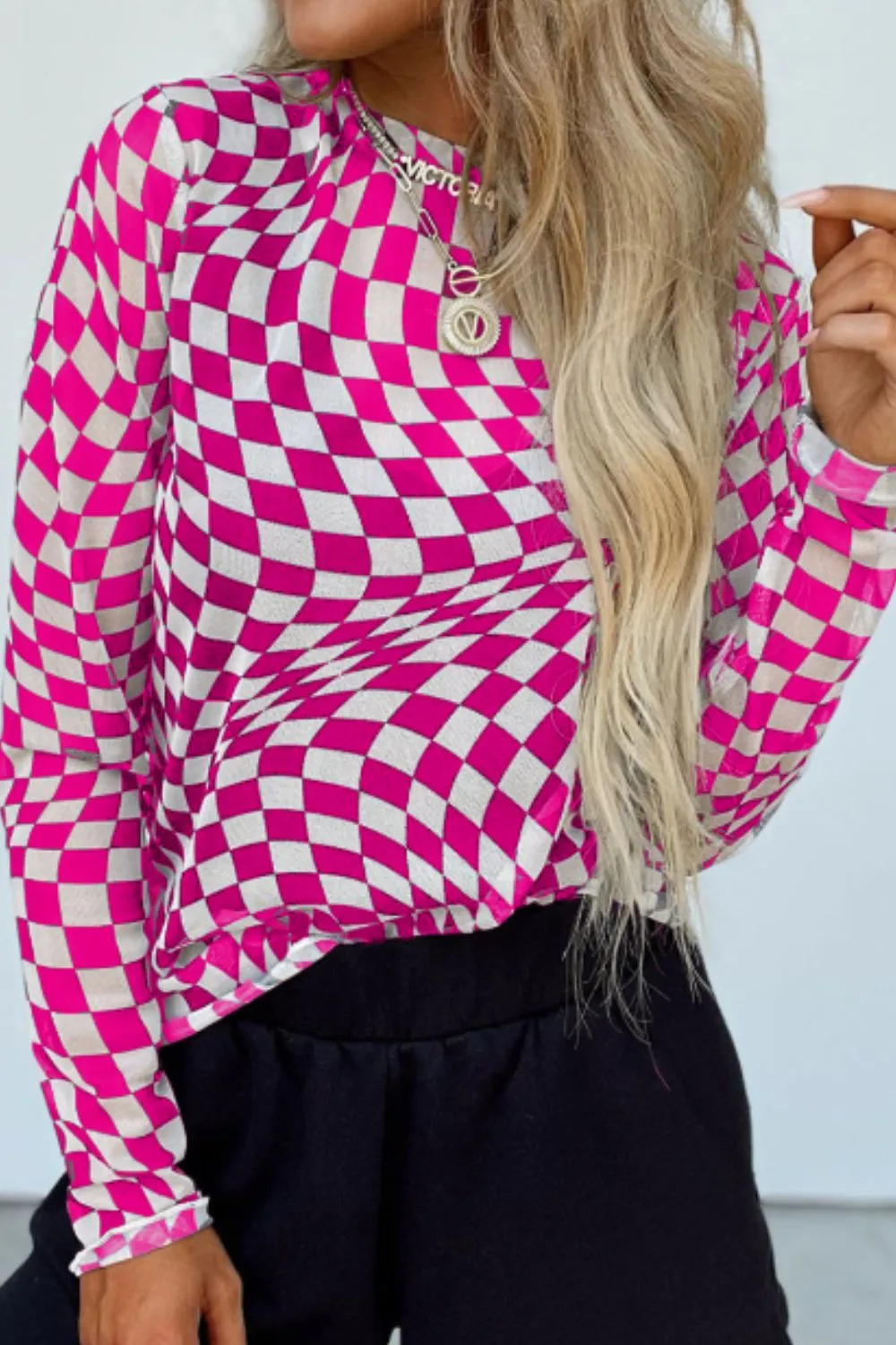Checkered Mock Neck Long Sleeve Blouse, image 15