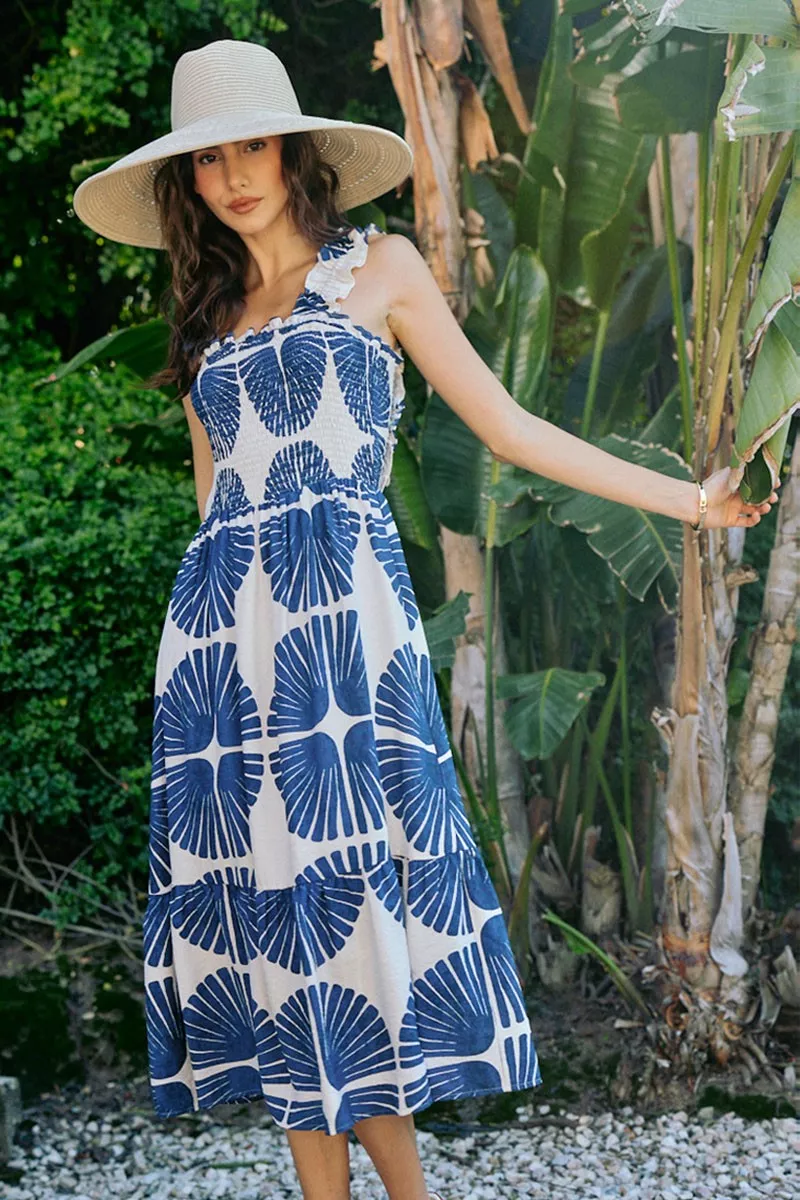 Abstract Print Smocked Bodice Tiered Lined Midi Dress, image 12