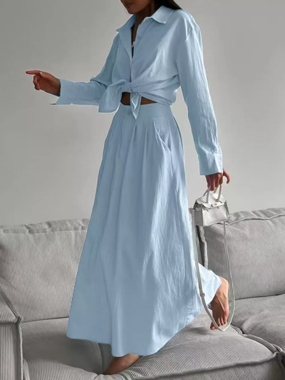Tie-Front Shirt and Maxi Skirt Set, image 9
