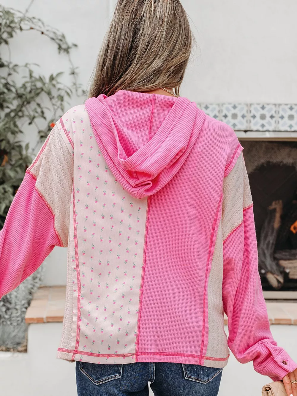 Mixed Texture Waffle Floral Patchwork Hooded Oversize Pullover, image 3