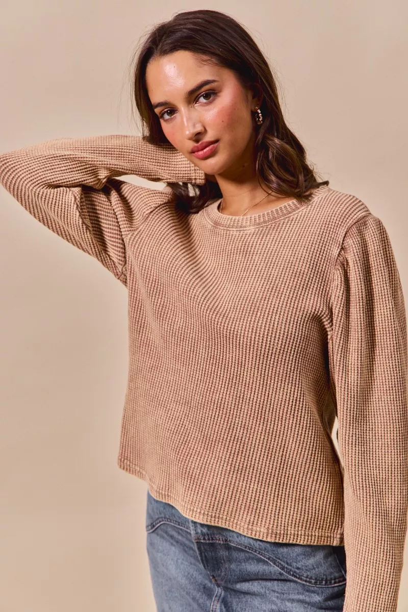 Mineral Washed Waffle Top With Puff Sleeves, image 5