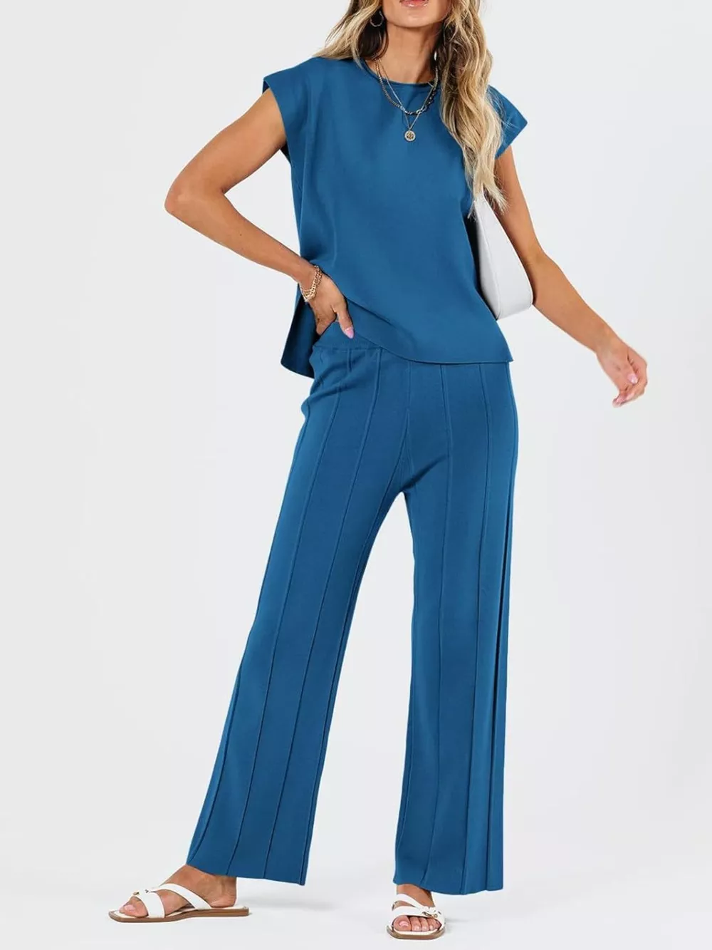 Casual Solid Color Cap Sleeve Top and Pants Knit Set, image 3