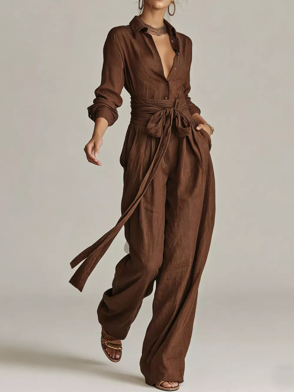 Long-Sleeve Button-Down Waist-Tie Jumpsuit, image 3