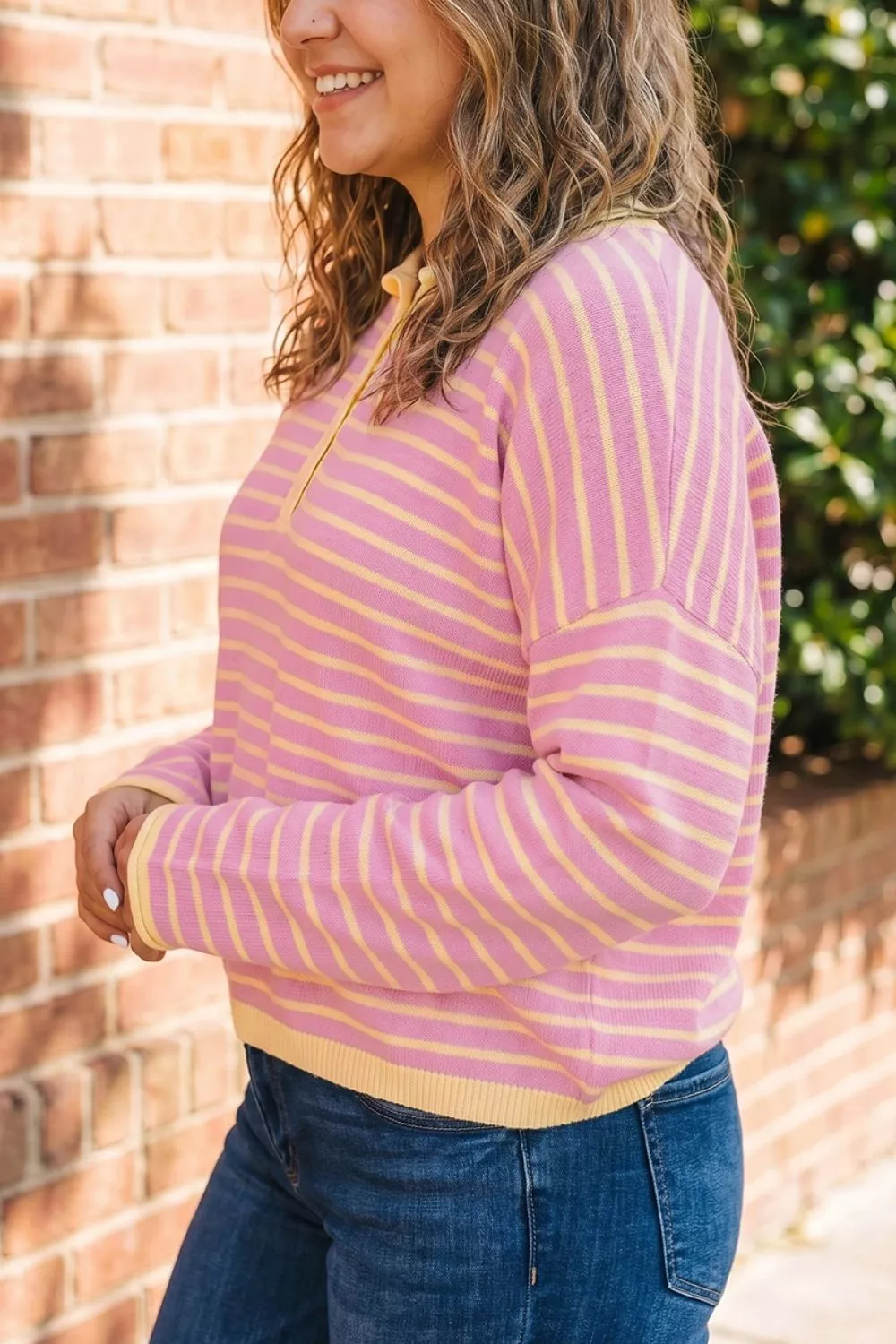 Plus Size Striped Long Sleeve Button Detail Sweater, image 5