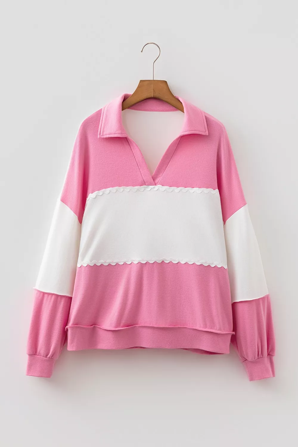 Color Block Ricrac Trim Patchwork Collar V Neck Long Sleeve Top, image 6