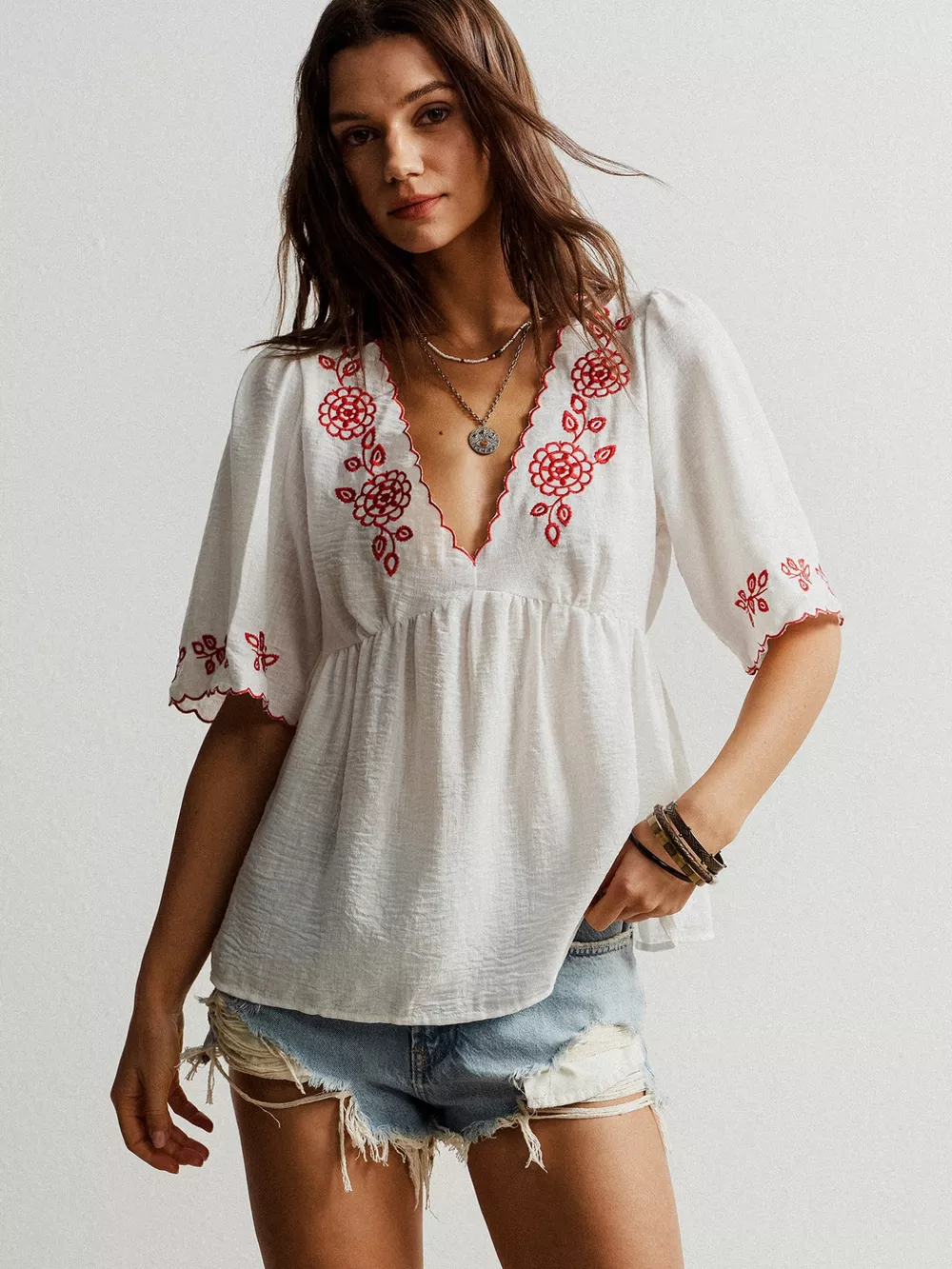 Embroidered Floral V-Neck Blouse, image 11