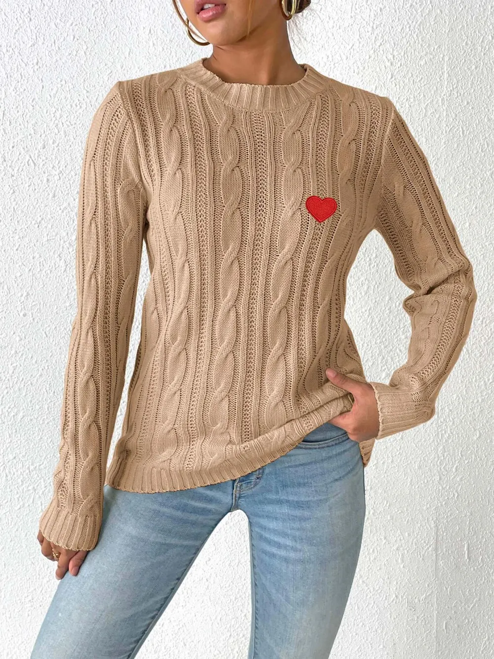 Cable-Knit Heart Round Neck Long Sleeve Sweater, image 10