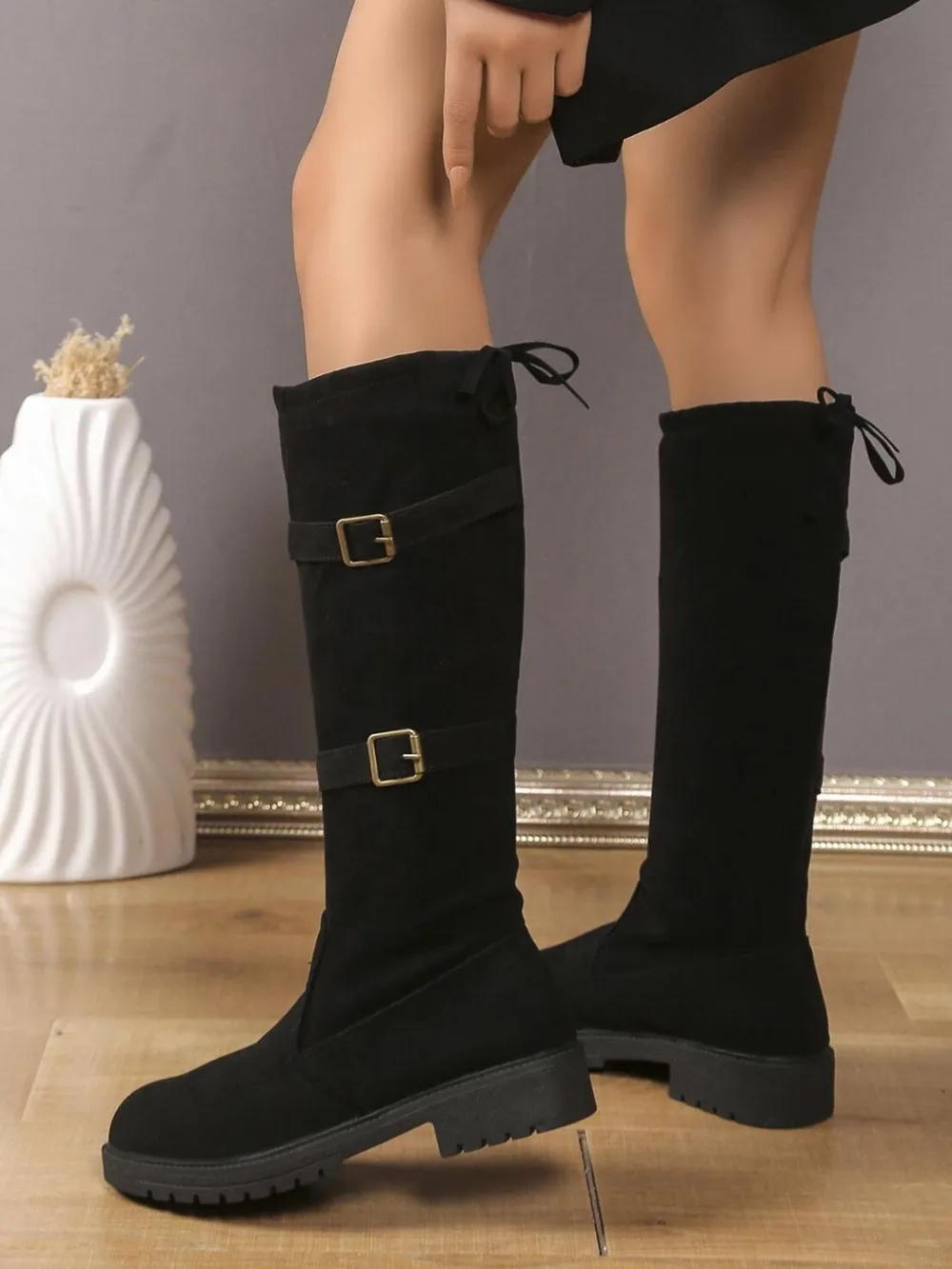 Suede Knee-High Combat Boots with Double Buckle Straps, image 2