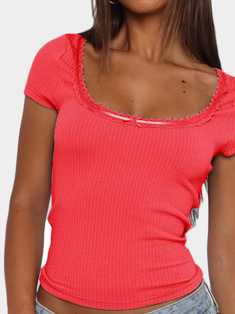 Lace Detail Scoop Neck Short Sleeve T-Shirt, image 23