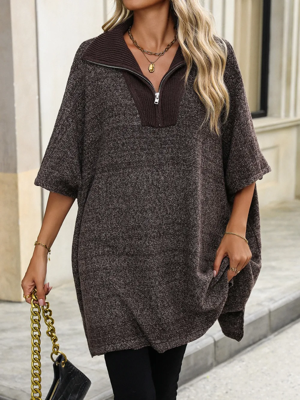 Slit Quarter Zip Half Sleeve Sweater, image 12
