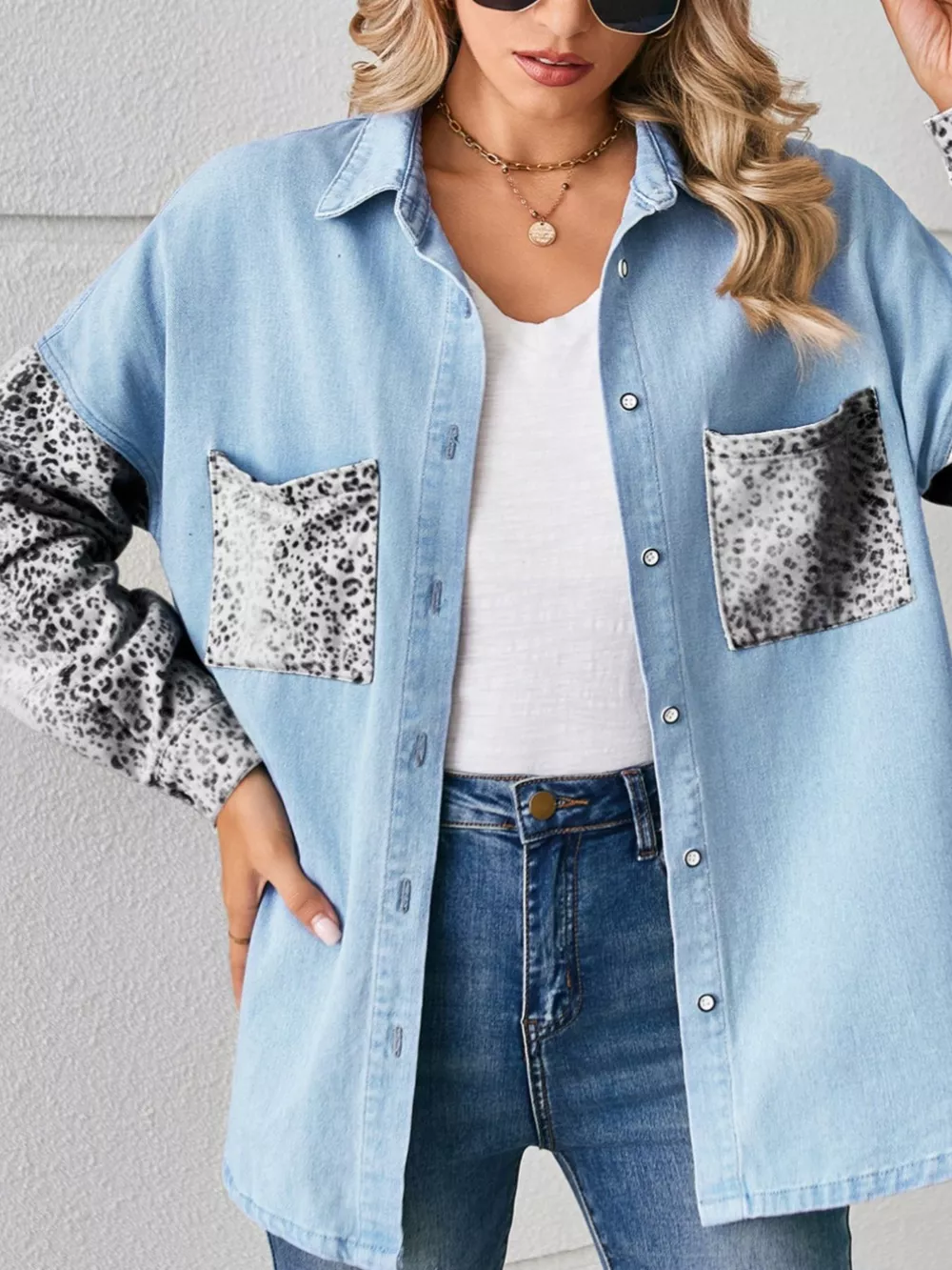 Leopard Patchwork Button Up Denim Shirt, image 8