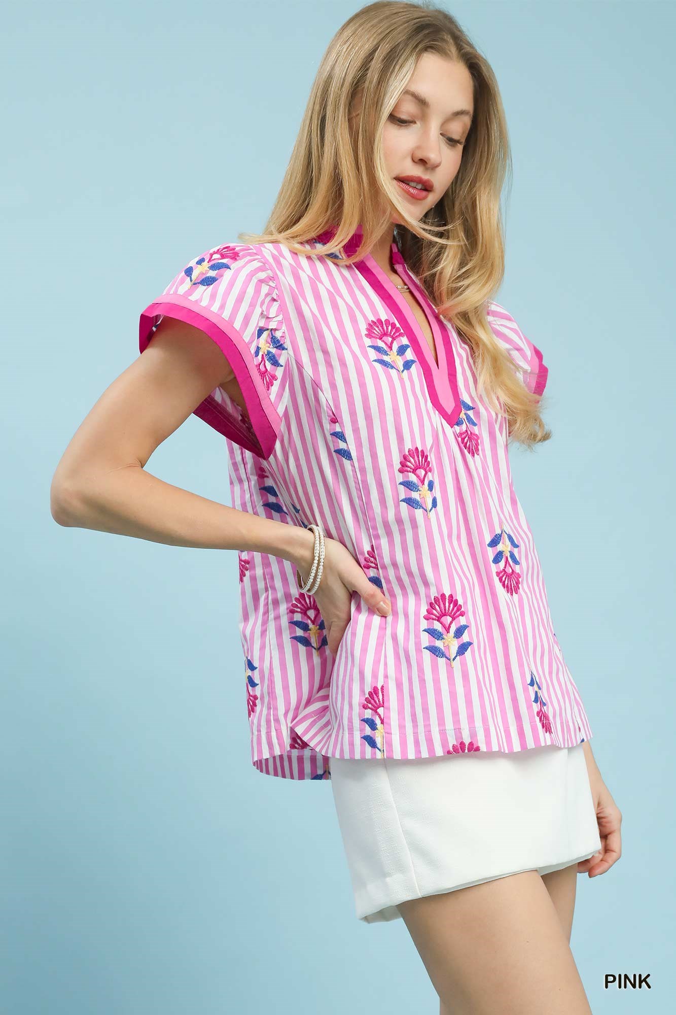 Embroidered Striped Flutter Sleeve Top, image 5