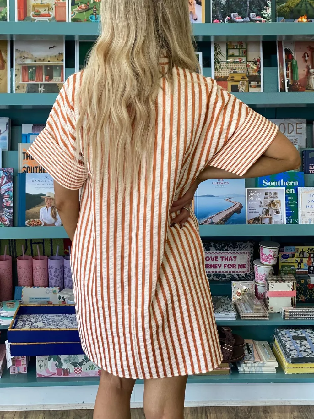 Stripe Pinched V Neck Turn-up Cuffs Shift Mini Dress, image 8