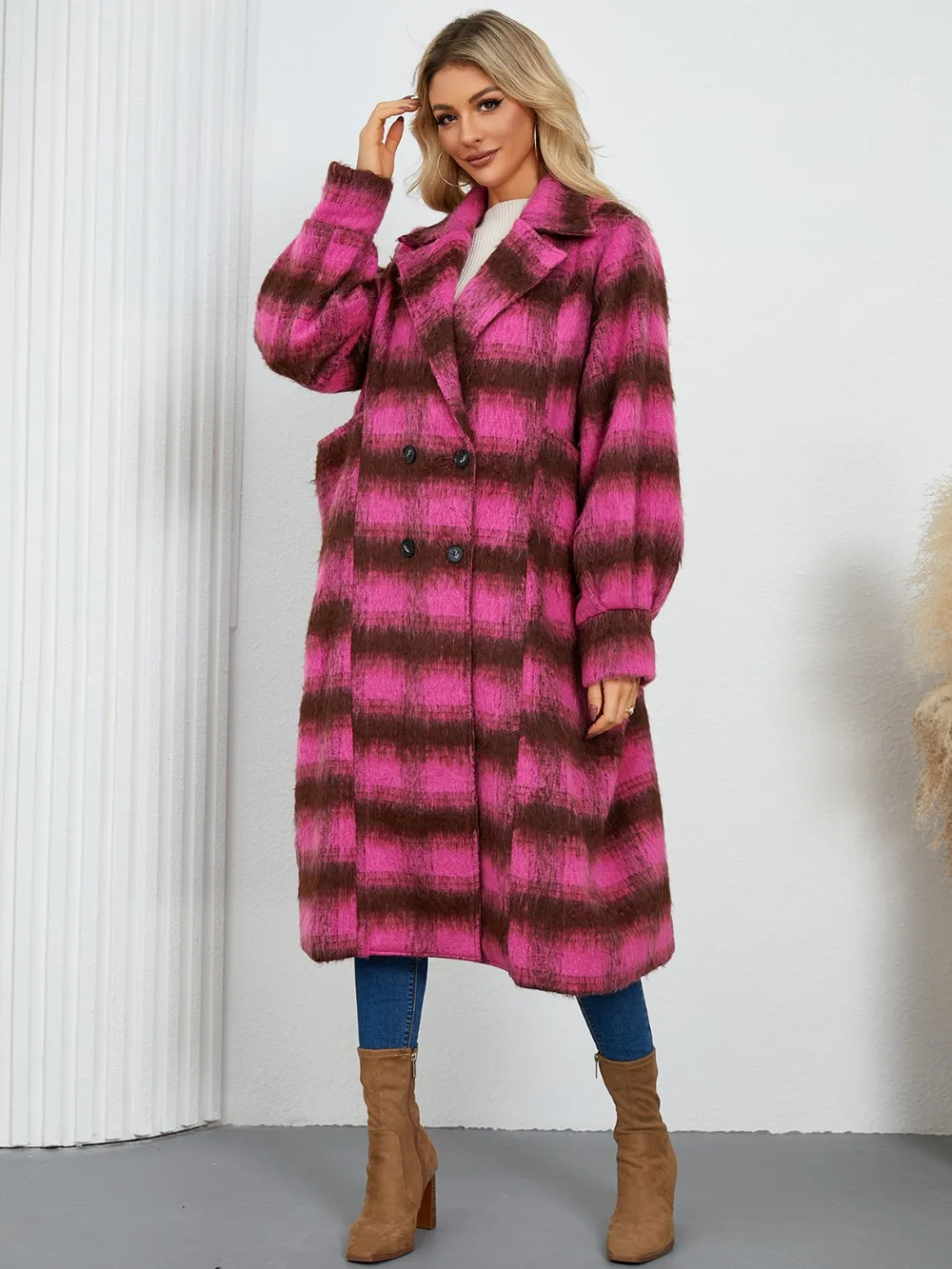 Contrast Double-Breasted Long Sleeve Longline Coat, image 8